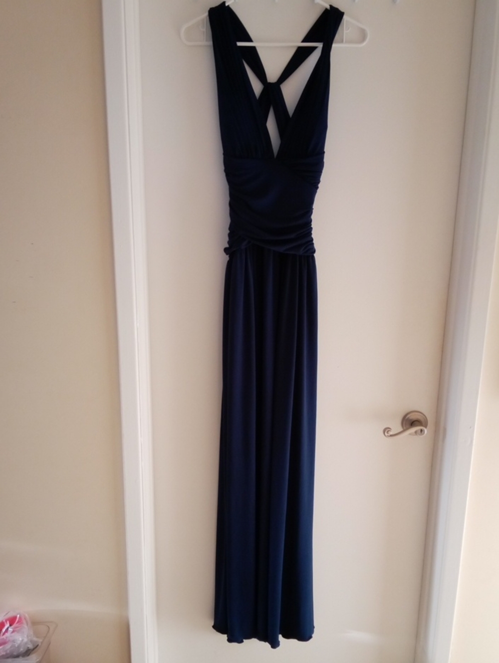 Dark Navy Blue Ruched Cross-Back Maxi Dress